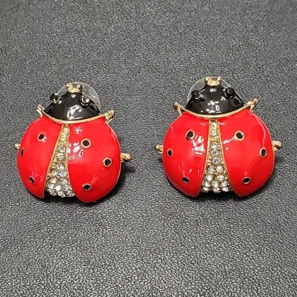 Gold tone red and black enamel ladybug earrings